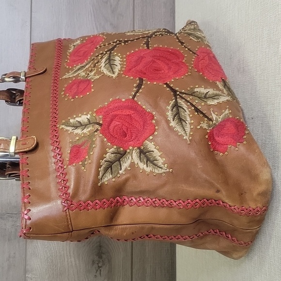 Isabella Fiore Beaded/ Embroidered Brown Leather Tote Shoulder Bag - Picture 2 of 14